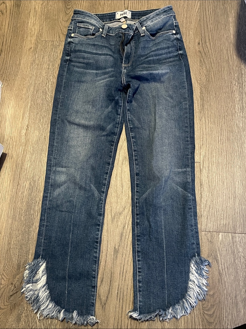 PAIGE Women's Dark Wash Straight Leg Jeans with Frayed Hem